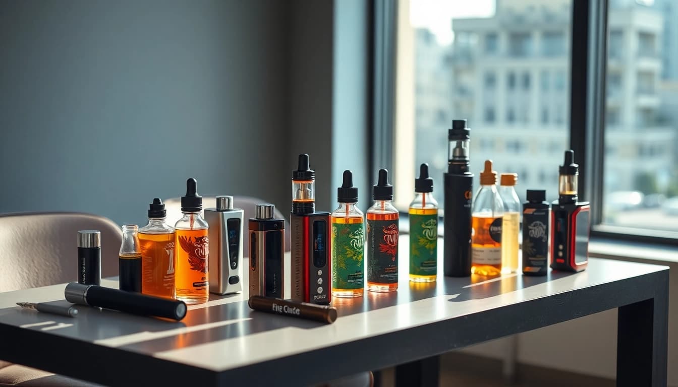 Vape devices and e-liquids beautifully arranged on a modern table, inviting exploration.