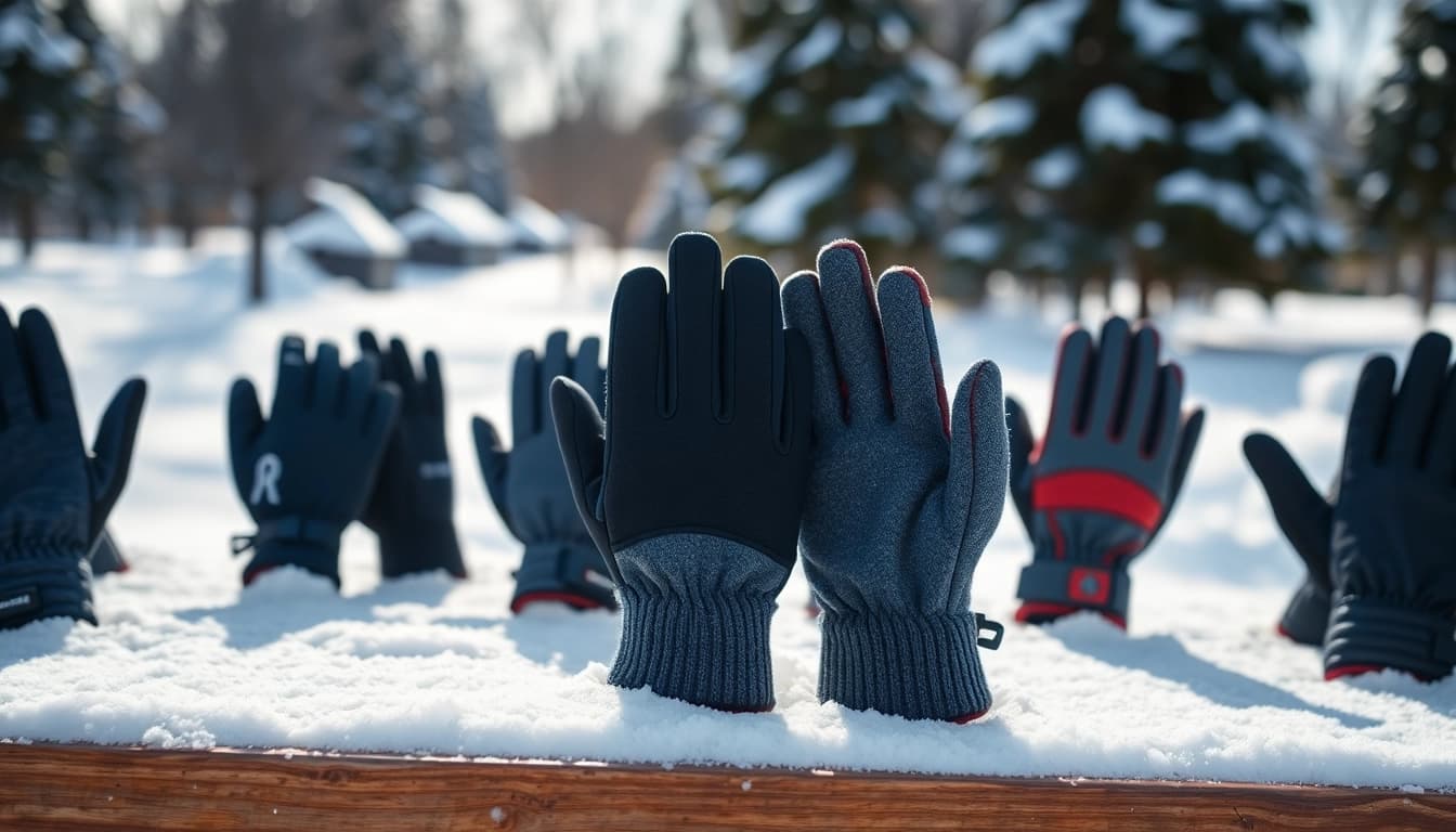 Find the best warm winter gloves featured in a winter landscape, highlighting their texture and variety.