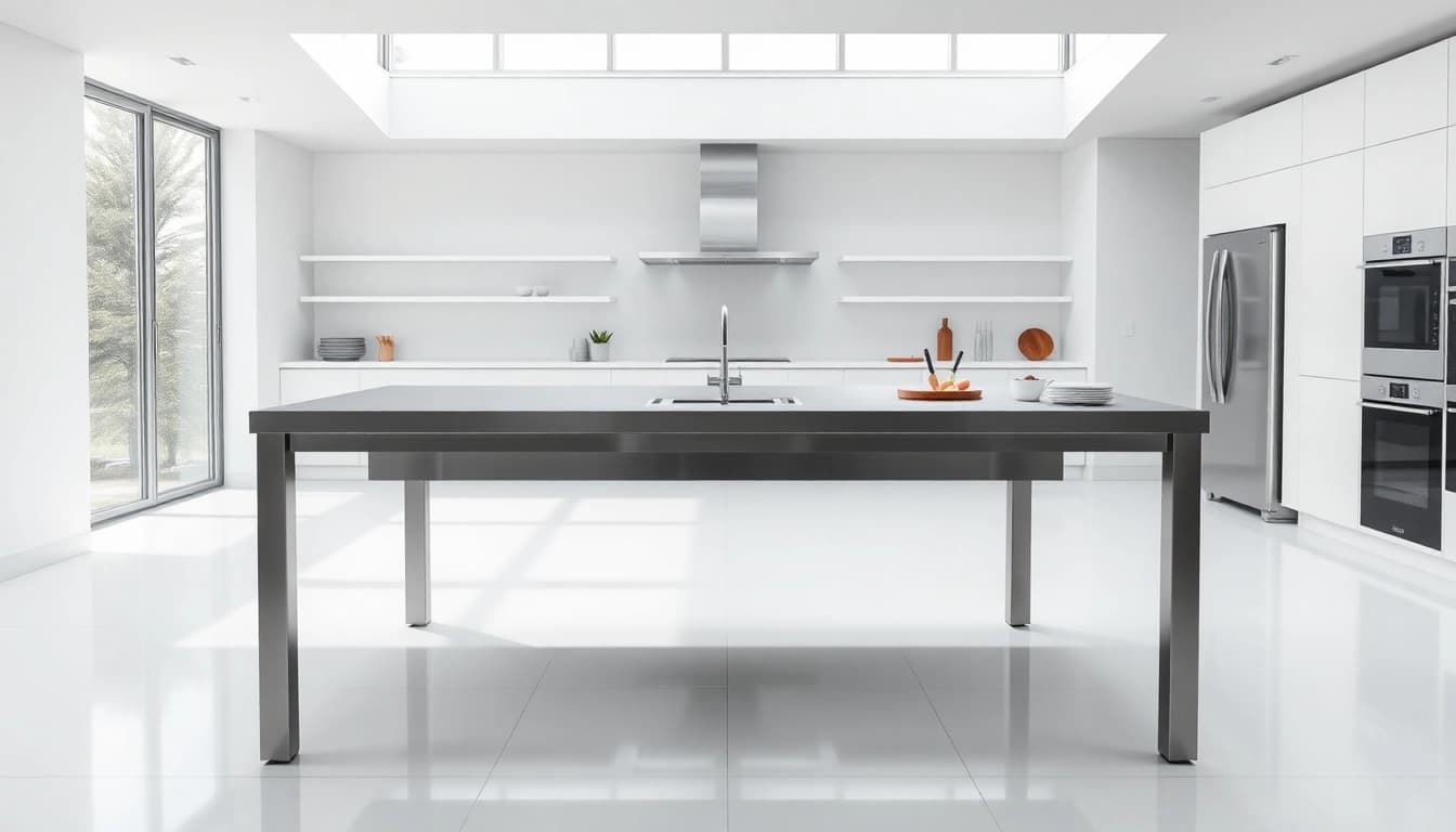 Stainless steel table featuring a sleek design and modern kitchen tools for cooking.
