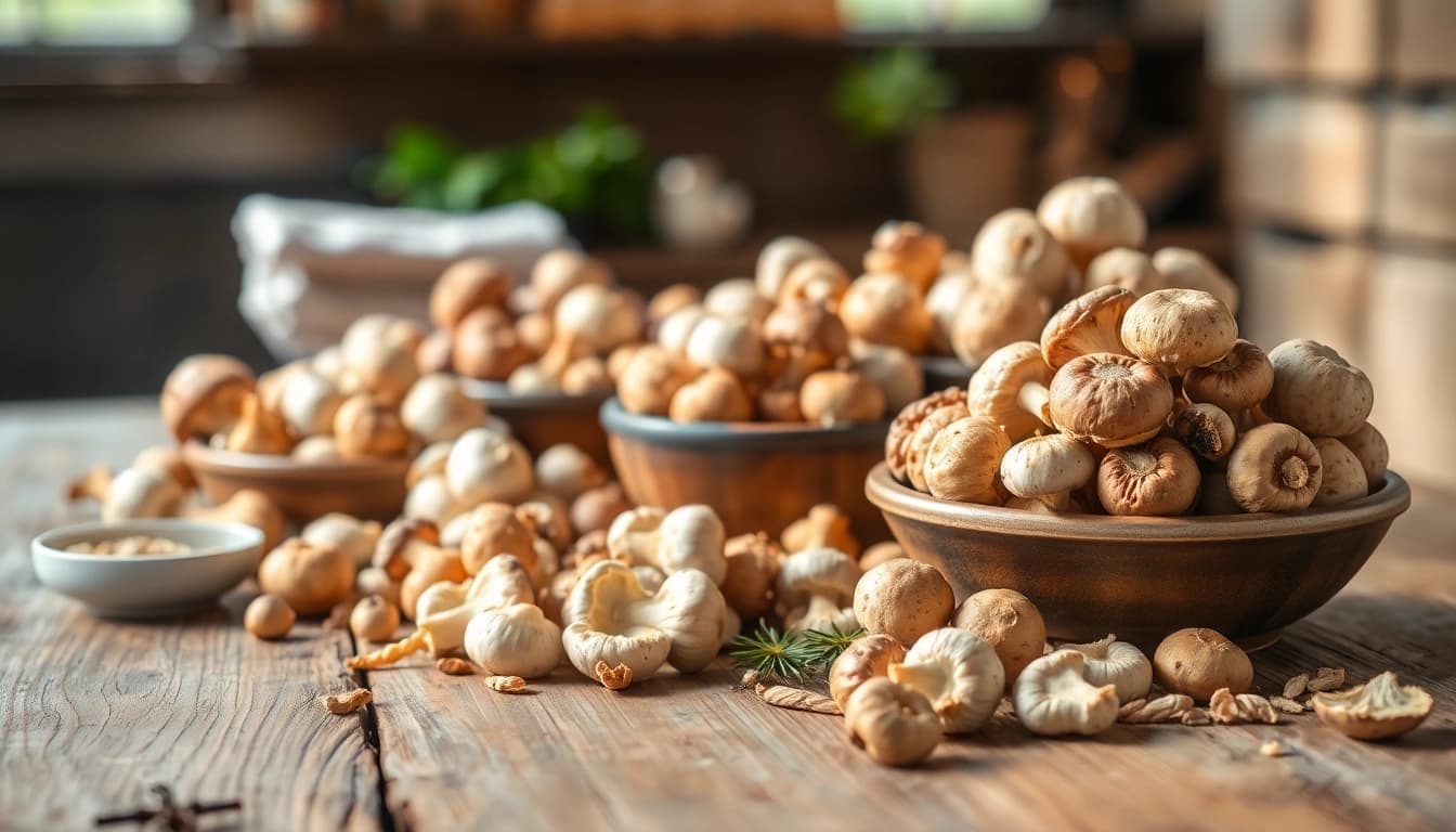 Buy mushrooms online Canada fresh selection of mushrooms arranged beautifully on a wooden table.