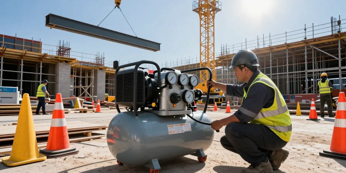 Portable air compressor ensuring power generation efficiency at a busy construction site.