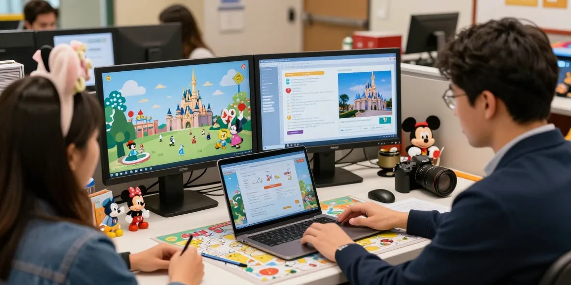 Dynamic travel advisor CRM workspace with Disney themes, showcasing vibrant itineraries and client engagement.