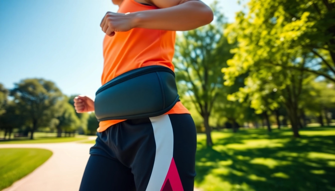 Runner actively using running belts in a vibrant park, highlighting its sleek design.