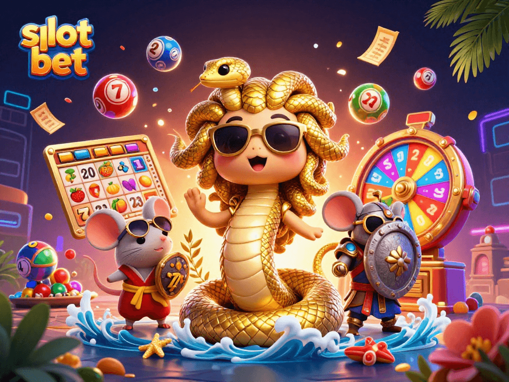 Slot bet dengan karakter Medusa dan mouse, serta simbol slot yang penuh warna