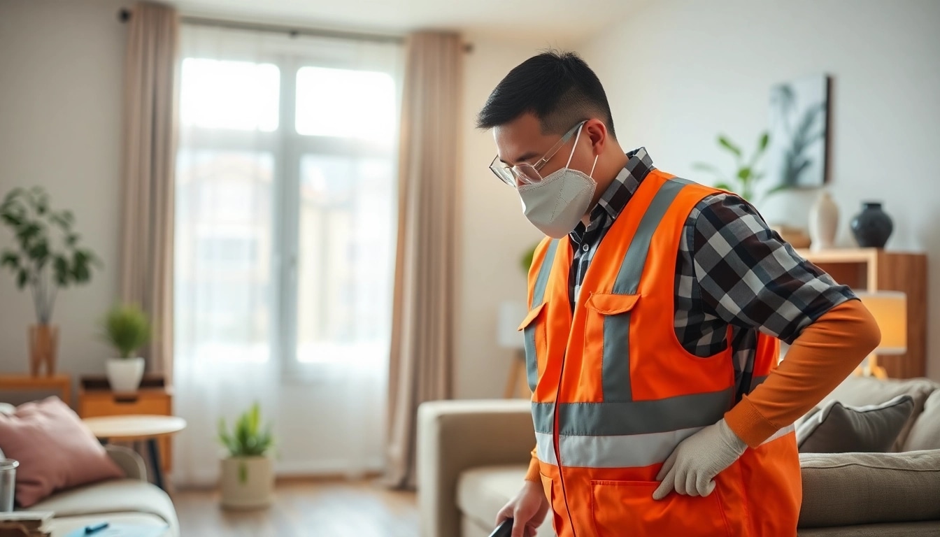 Schedule pest control visit with a professional inspecting for pest issues in a bright home setting.