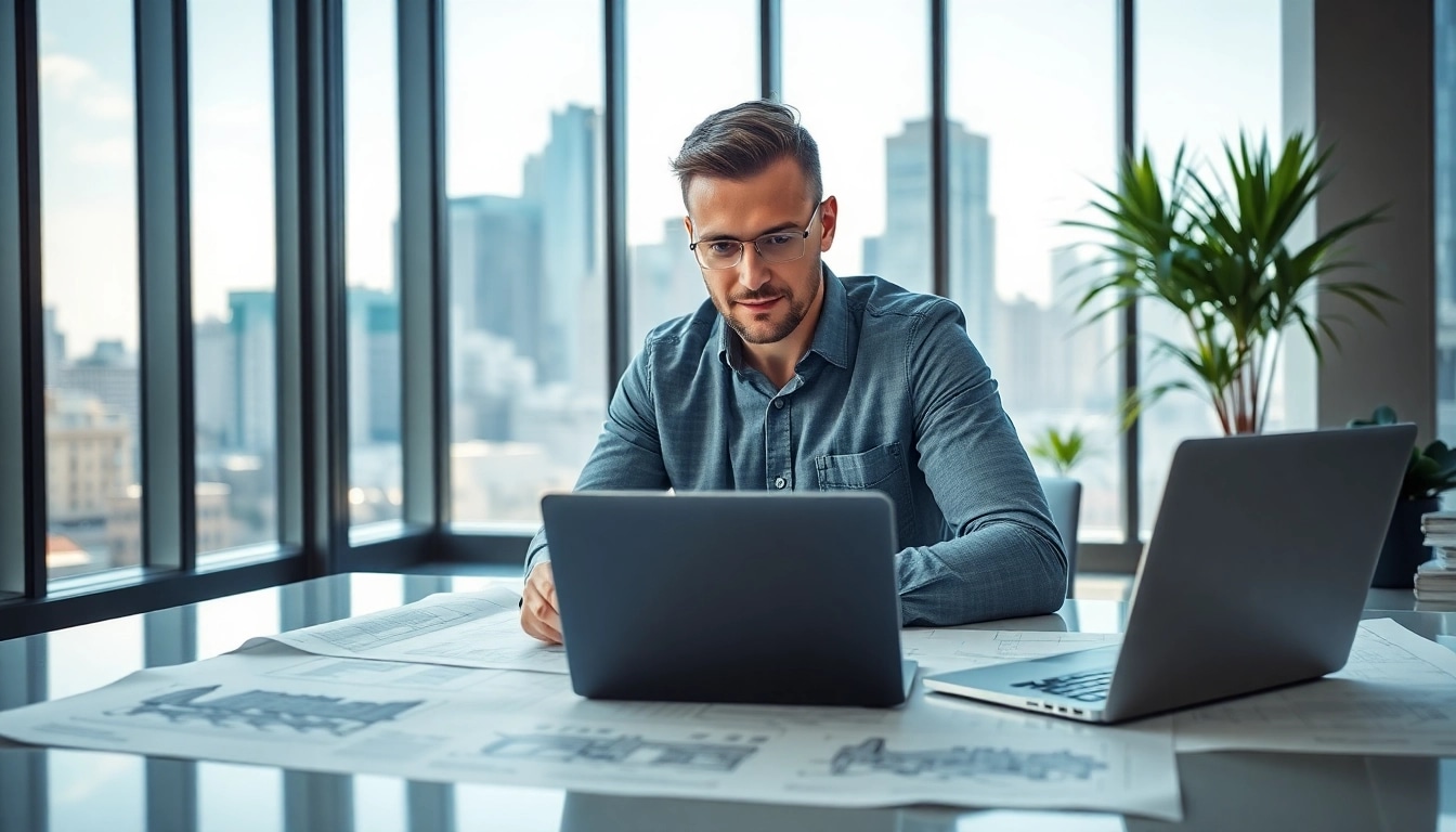 Real Estate Developer analyzing architectural plans in a modern office environment.