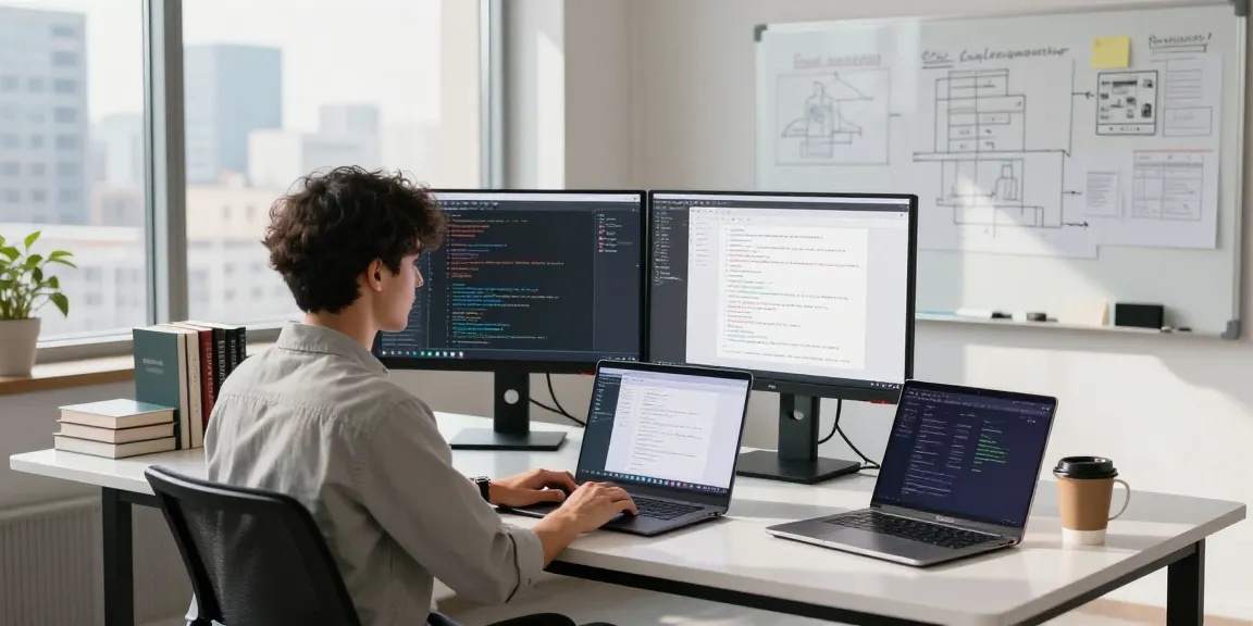 Developer working on 纸飞机下载 in a modern tech workspace with dual monitors and coding books.