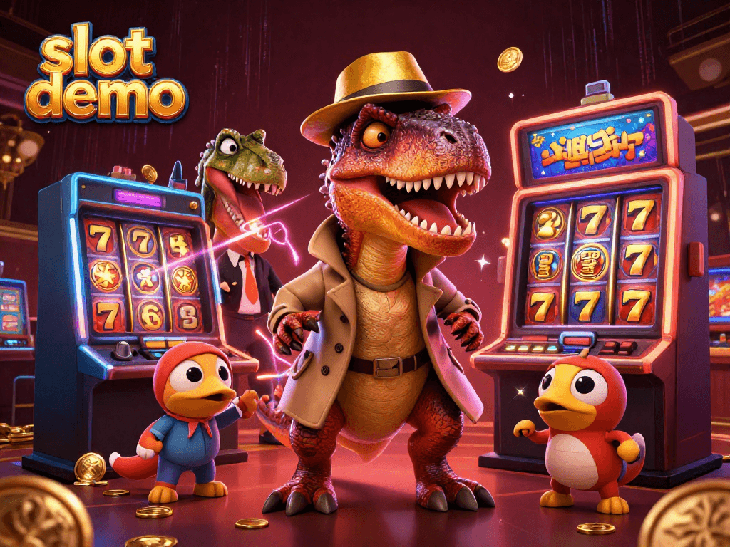 Slot demo dengan karakter dinosaurus bermain slot menunjukkan suasana kasino yang seru dan menarik.