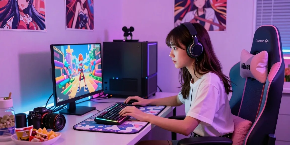Engaging scene of a woman playing a hentai game on her laptop with vibrant lighting and gaming accessories.
