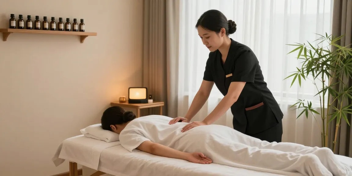 마사지 치료를 준비하는 전문가가 따뜻한 분위기의 스파에서 고객을 맞이하는 모습