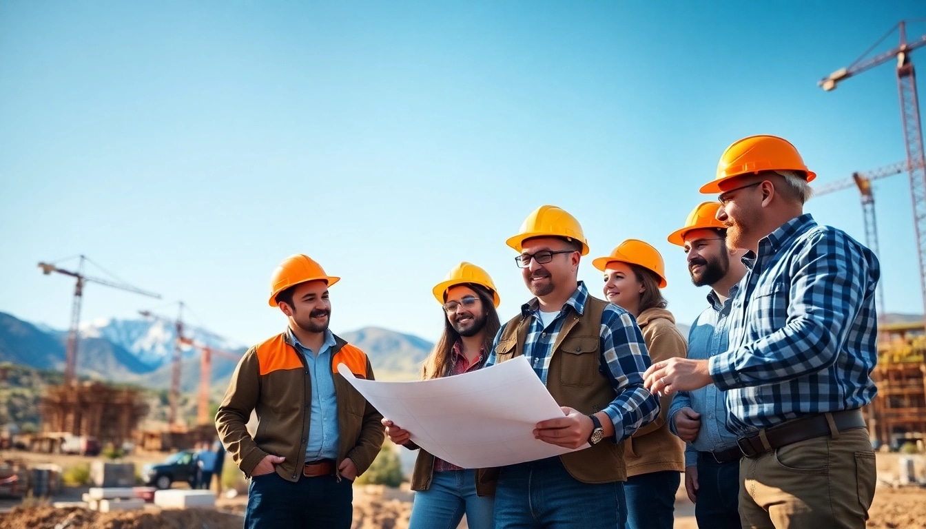 Construction association Colorado showcases professionals collaborating on-site in a scenic setting.