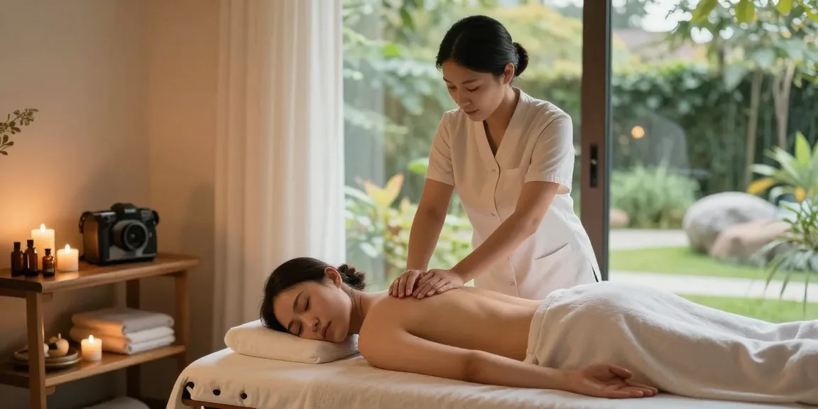 마사지 테라피 장면, 스웨디시 마사지 중인 고객과 아로마 오일과 촛불이 어우러진 안락한 분위기