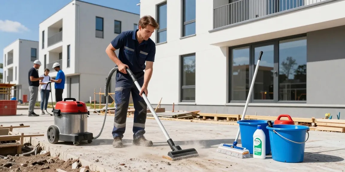 Bauendreinigung Dortmund - Professionelle Reinigung auf Baustelle in Dortmund mit sauberem Wohngebäude im Hintergrund.