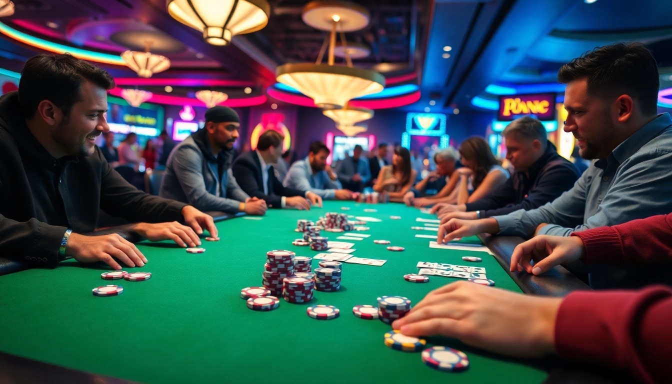 Permainan poker di www.agencetitan.com/en/ dengan cahaya cerah dan suasana bersemangat.