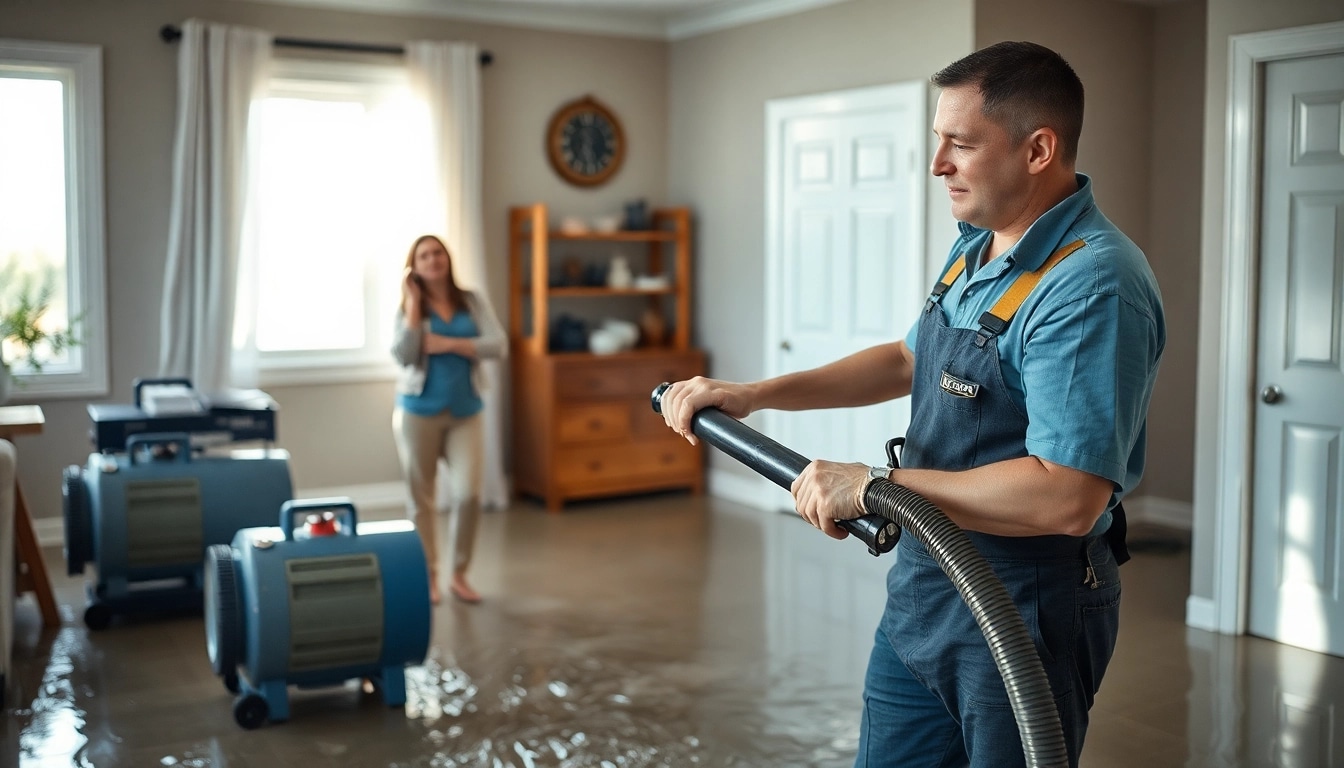 Restoration technicians providing disaster restoration services Chicago in a flooded home.