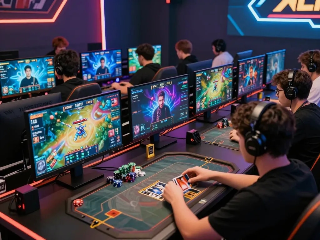 Players engaging in xổ số hubet88 online card games in a vibrant gaming atmosphere with dynamic visuals.