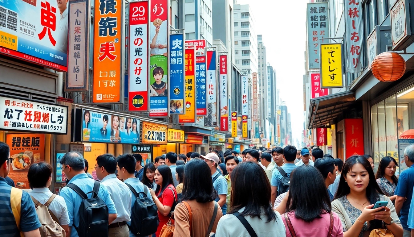 日本のトレンドを紹介する東京の市場の賑やかなシーン。