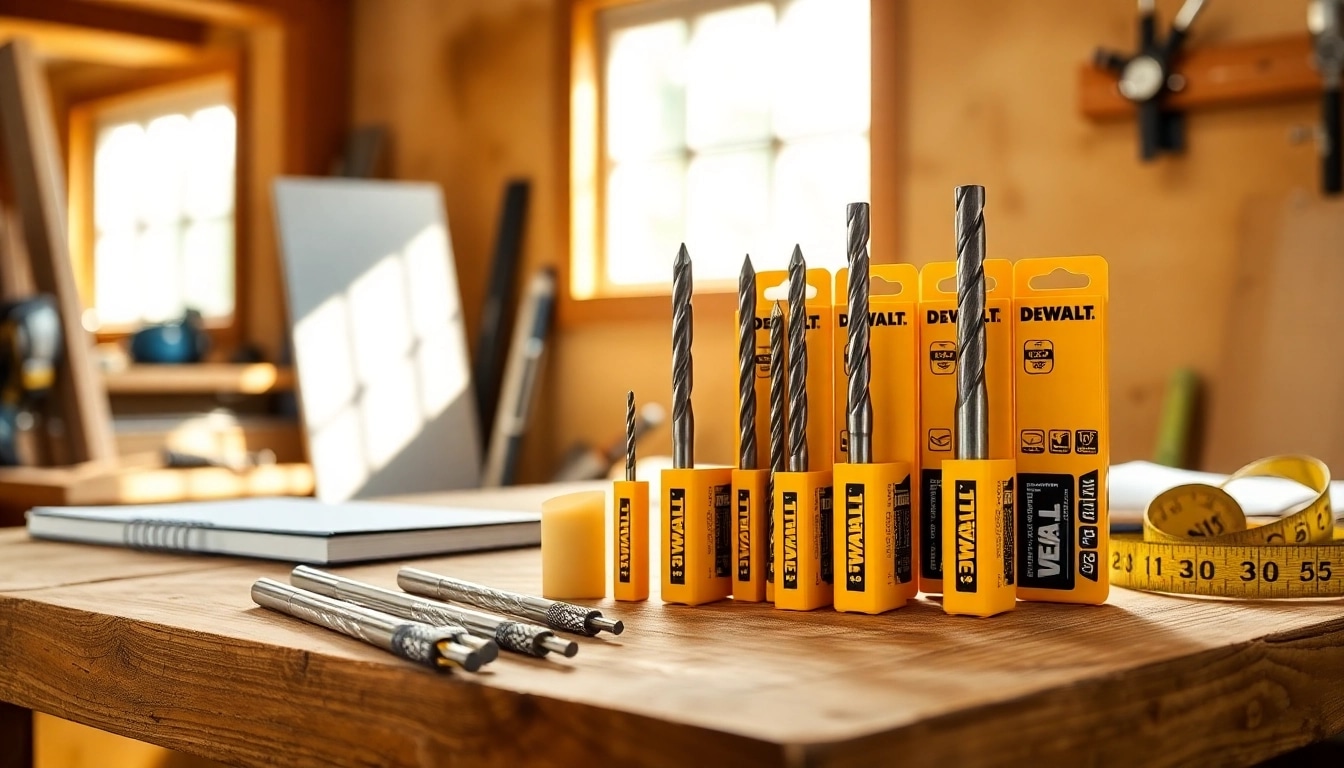 Discover DeWalt drill bits showcasing precision and versatility, expertly arranged on a wooden workbench.
