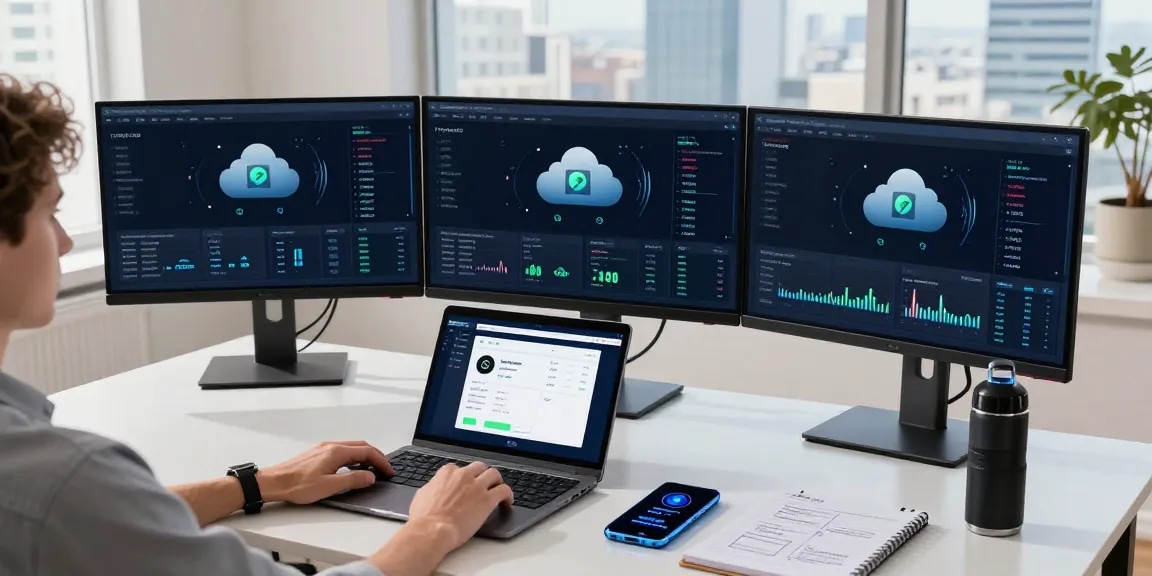 Secure cloud mining platform monitoring in a professional tech workspace with cryptocurrency charts and digital wallet interface.