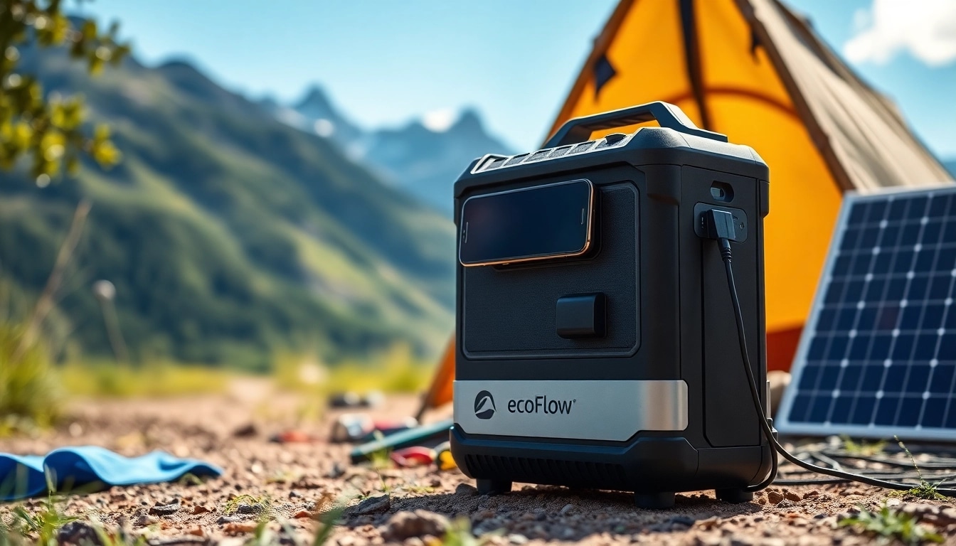 Utilizing EcoFlow power station in outdoor camping scenario, accentuating its portable capabilities.