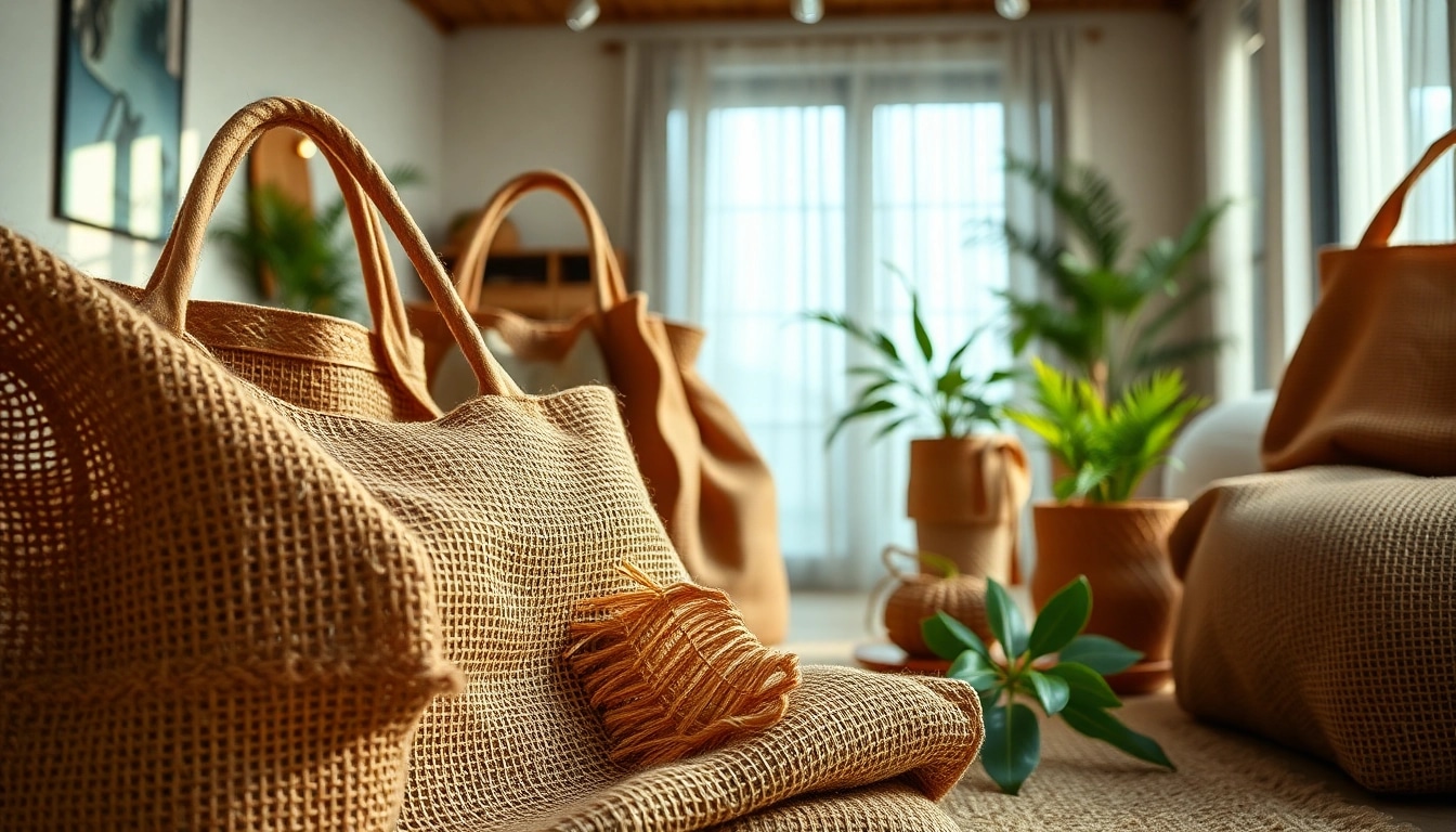 Showcasing jute stof met een focus op de textuur en producten gemaakt van jute.
