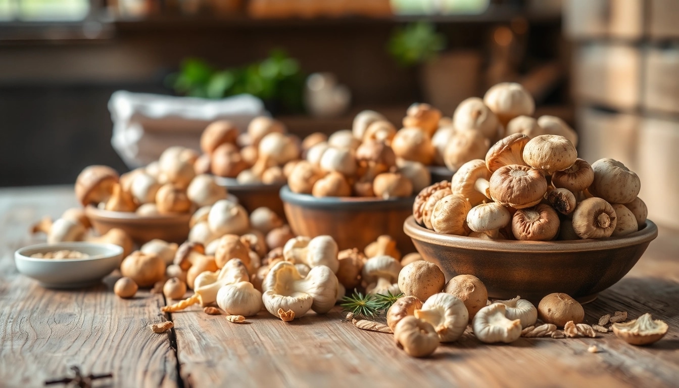 Buy mushrooms online Canada fresh selection of mushrooms arranged beautifully on a wooden table.