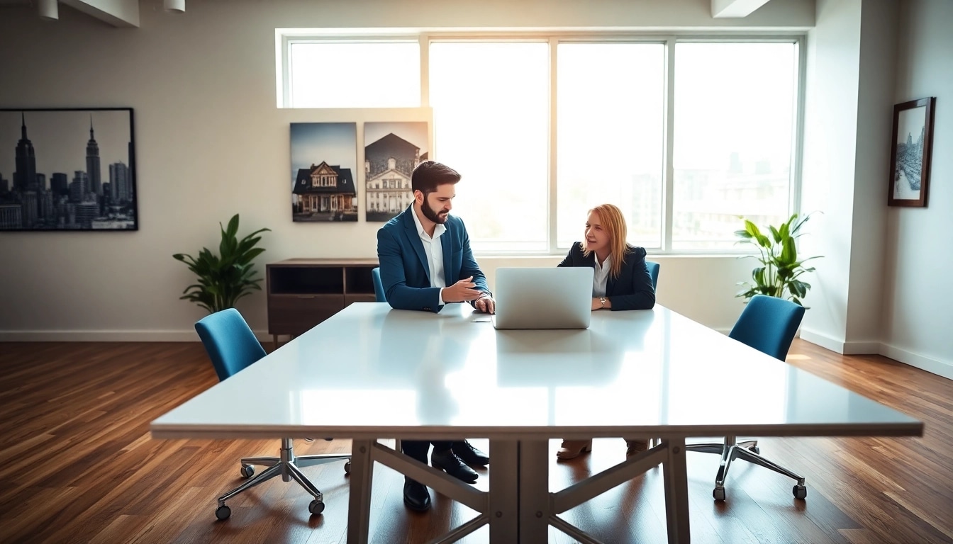 Engaging real estate agent discussing property details with clients in a modern office