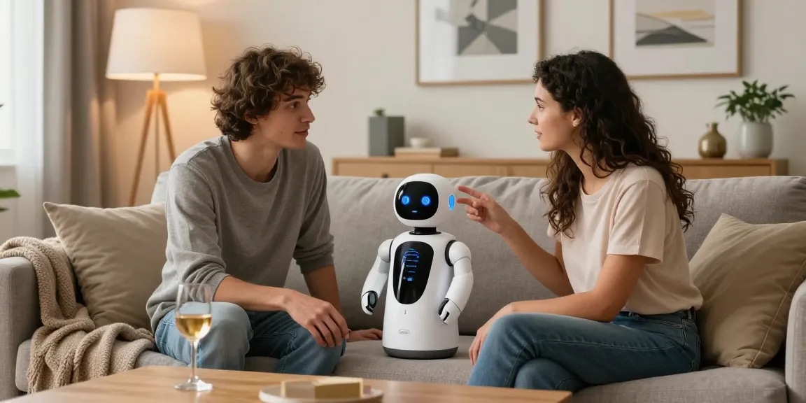 Couple interacting with a sex bot in a modern living room, showcasing relationship dynamics and technology.