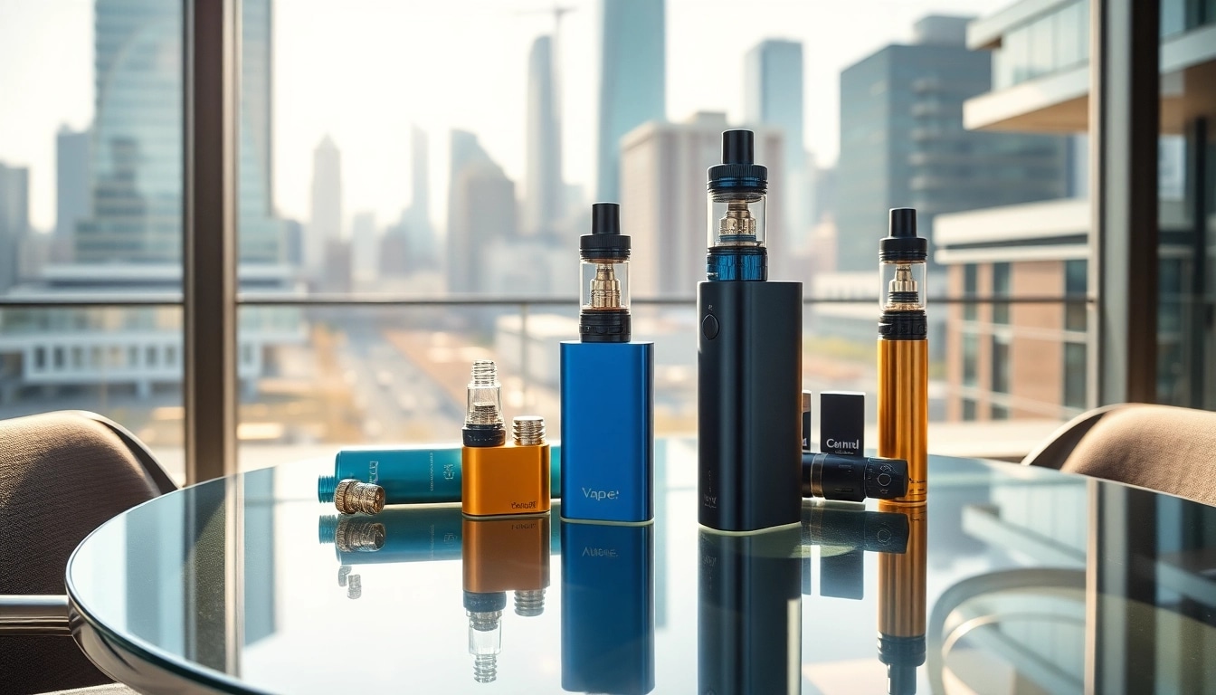 Vapes auf einem eleganten Tisch in einem urbanen Setting, das stilvolles Design zeigt.