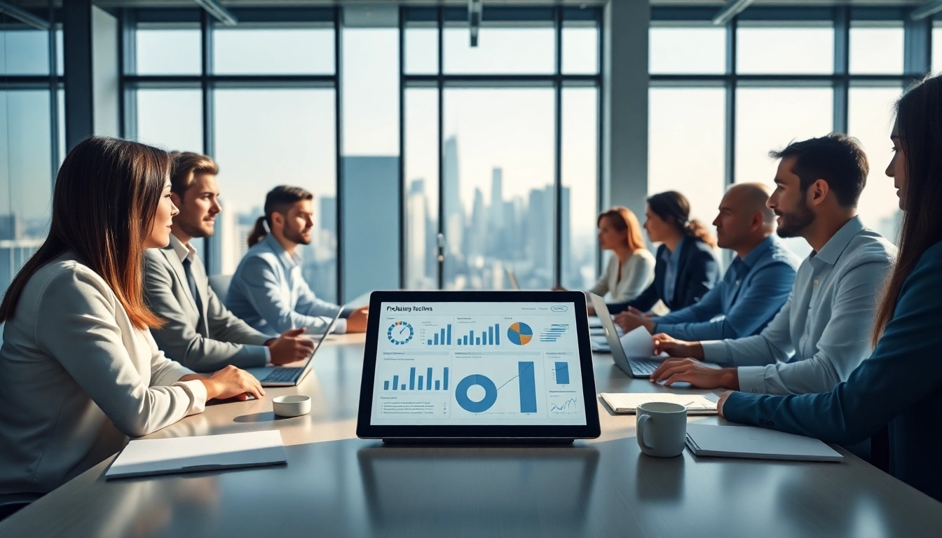 Engage in Business strategies during a meeting in a modern office.