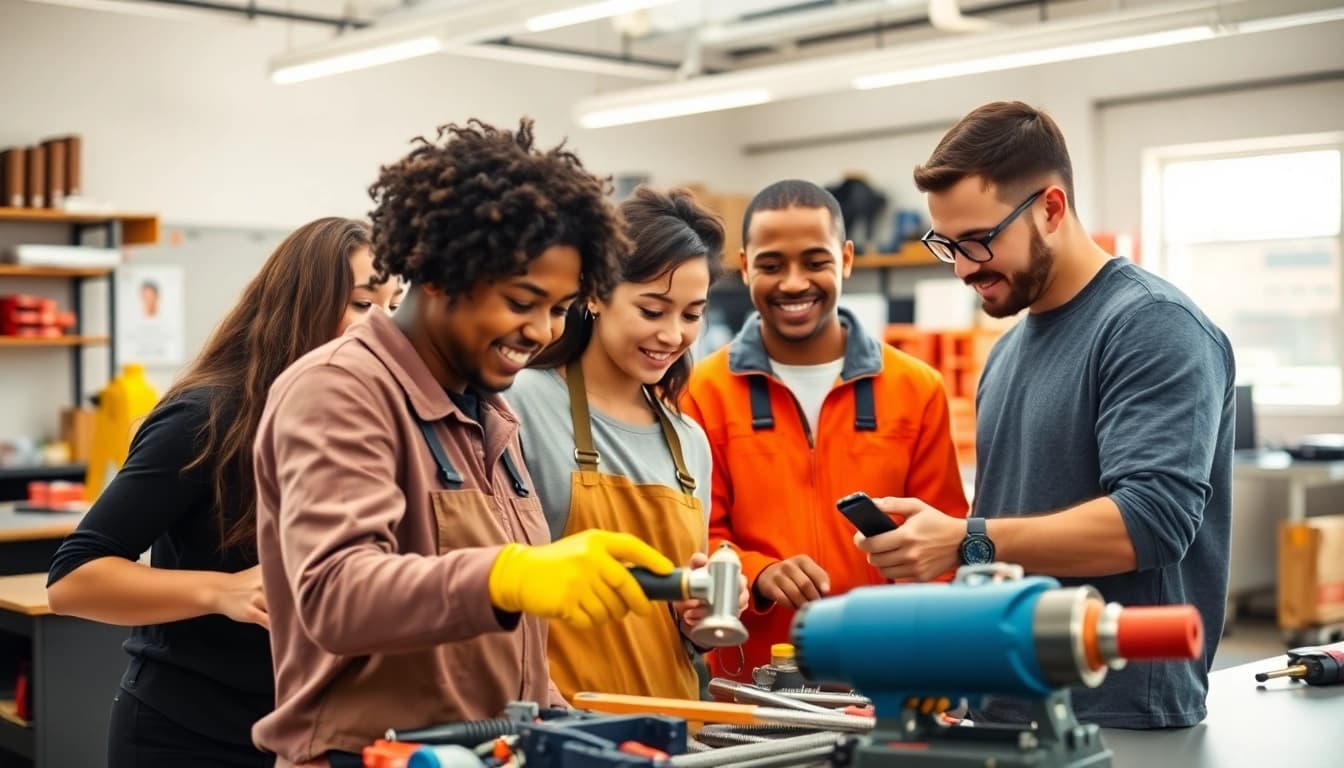 Students learning at trade schools in southern California showcasing diverse trades and vibrant collaboration.