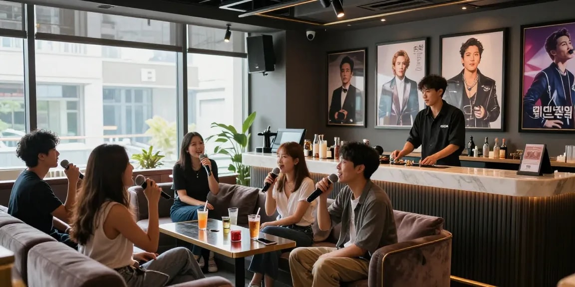 강남쩜오 프리미엄 가라오케의 고급스러운 내부와 손님들의 즐거운 분위기