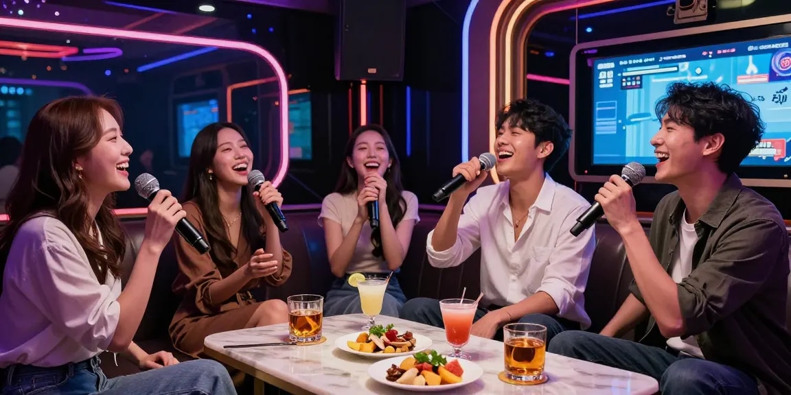 강남 가라오케에서 친구들과 함께 노래하며 즐거운 시간을 보내는 모습