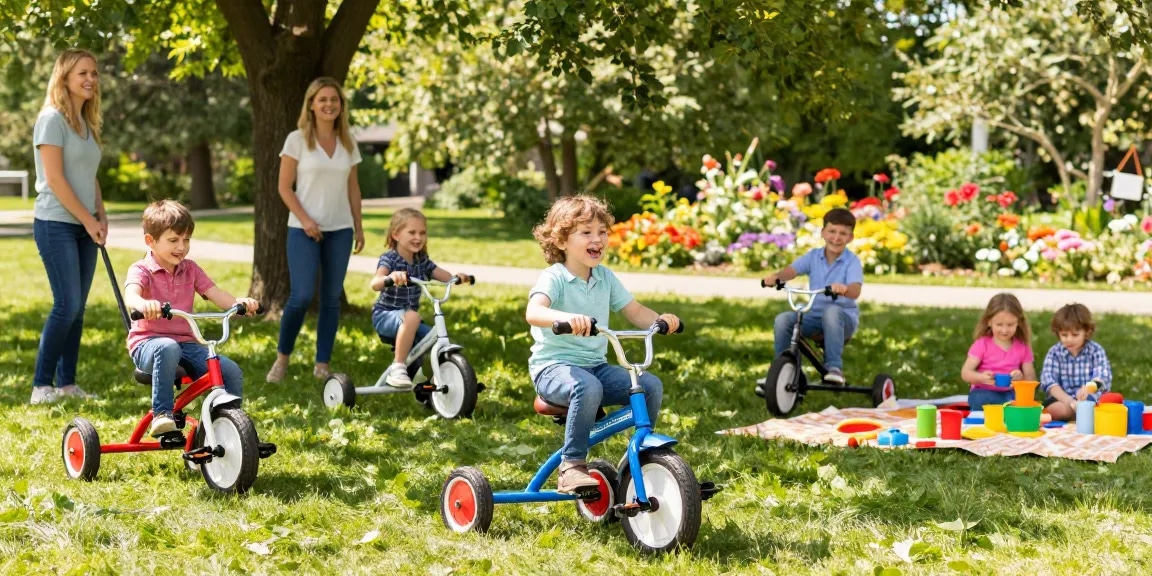 Discover the best kids tricycles in a vibrant park setting with children playing joyfully.