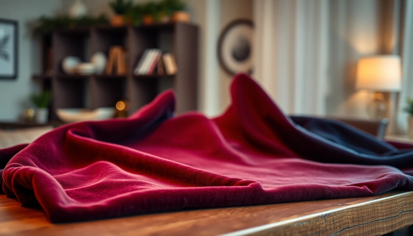 Fluweel stretch stof toont een luxe textuur en rijke kleuren in een warme omgeving.