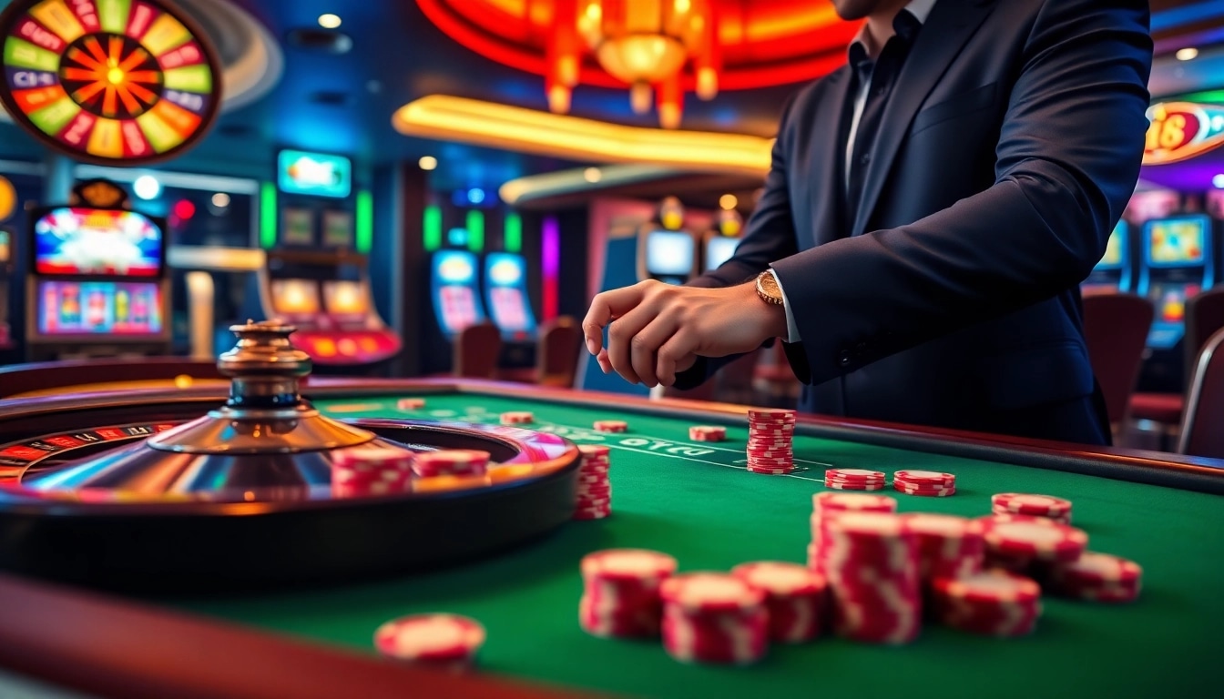 Engage in thrilling gameplay at DR88 with a luxurious casino table, vibrant chips, and a spinning roulette wheel.