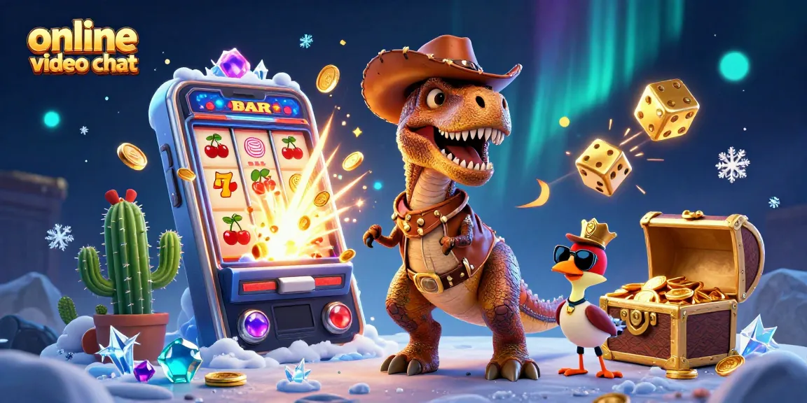 Engage in lively online video chat with dynamic casino-themed elements and vibrant characters.