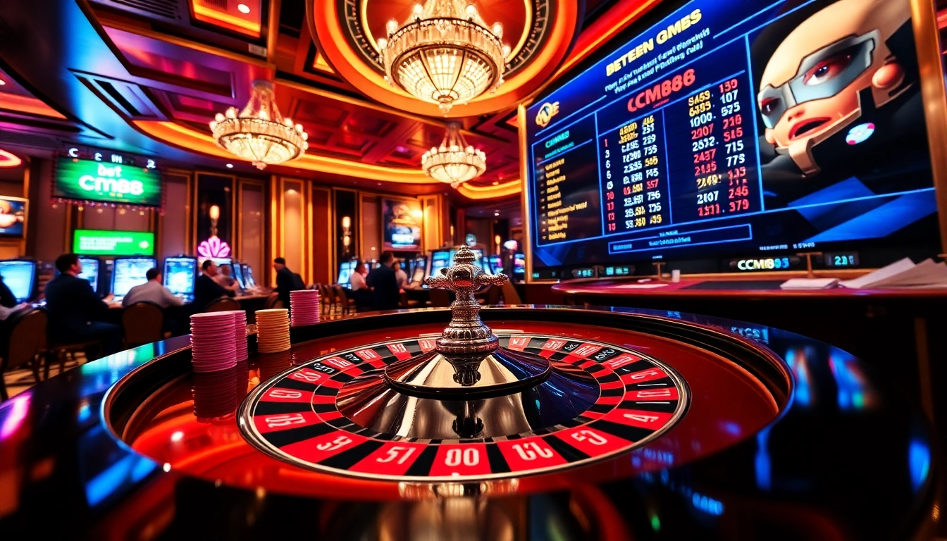 Players betting on CM88 at a vibrant casino table surrounded by poker chips and cards.