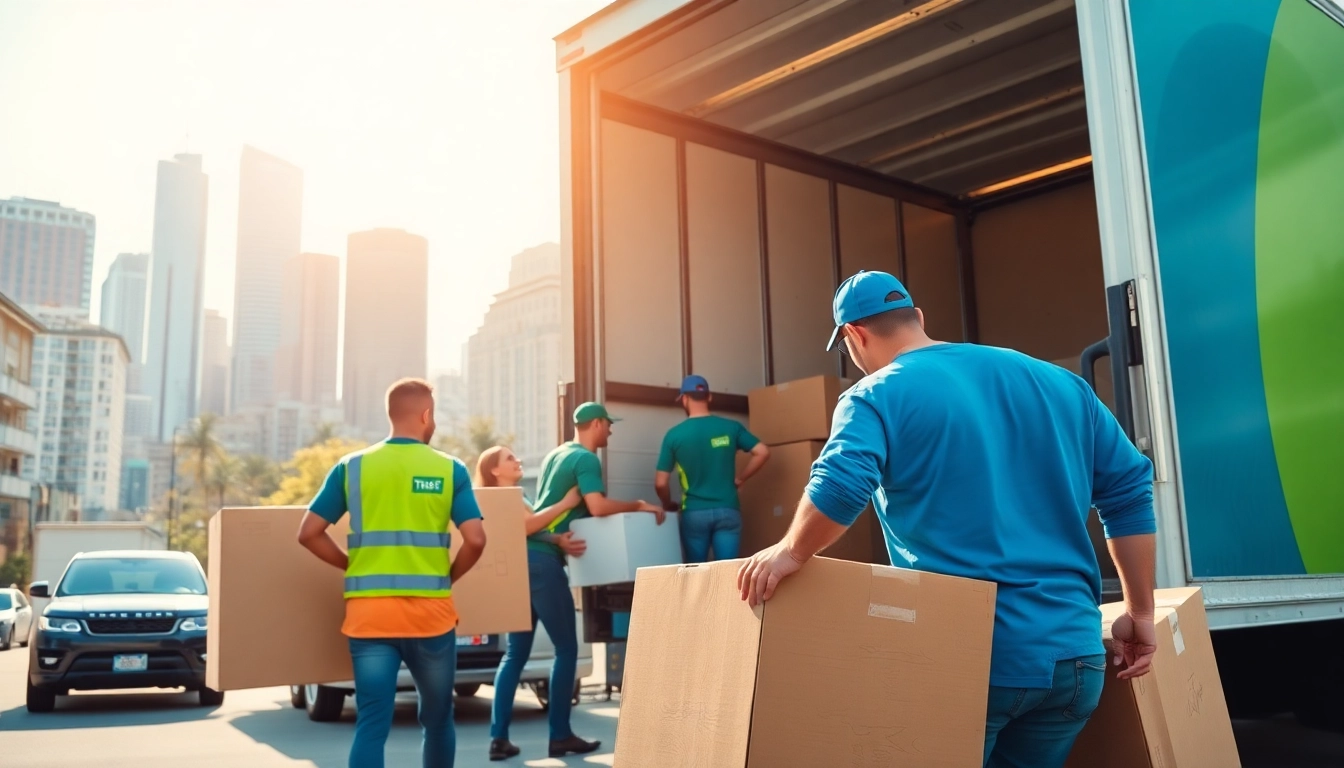 Moving companies across provinces efficiently loading furniture into a truck in a busy urban scene.
