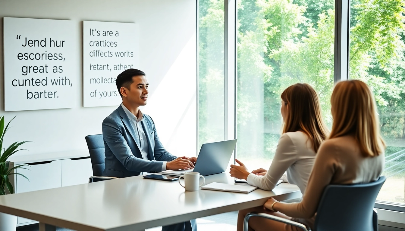 Engaged career consultant discussing strategies with a client in a bright office.
