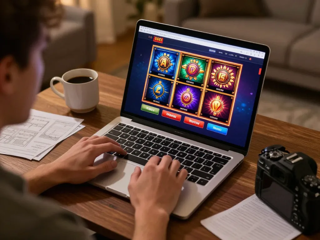 Player enjoys 92slot online slot game on laptop, combining fun and strategy in home setting