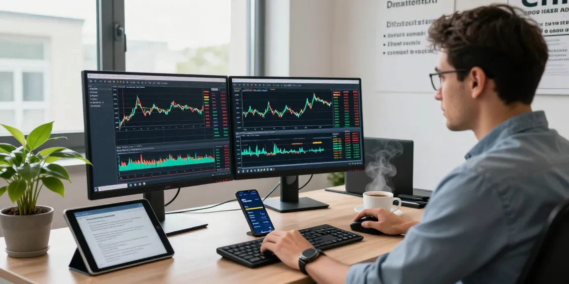 Trader using MetaTrader 5 on dual screens in a modern office