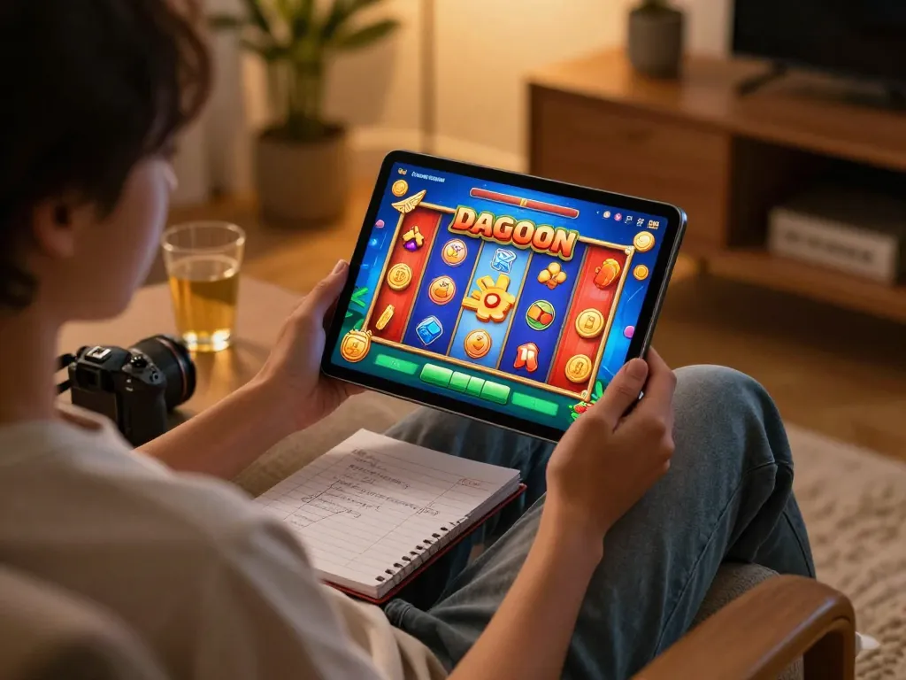 Engaged player enjoying a slot demo featuring Mahjong themes on a tablet, strategic notes at hand.