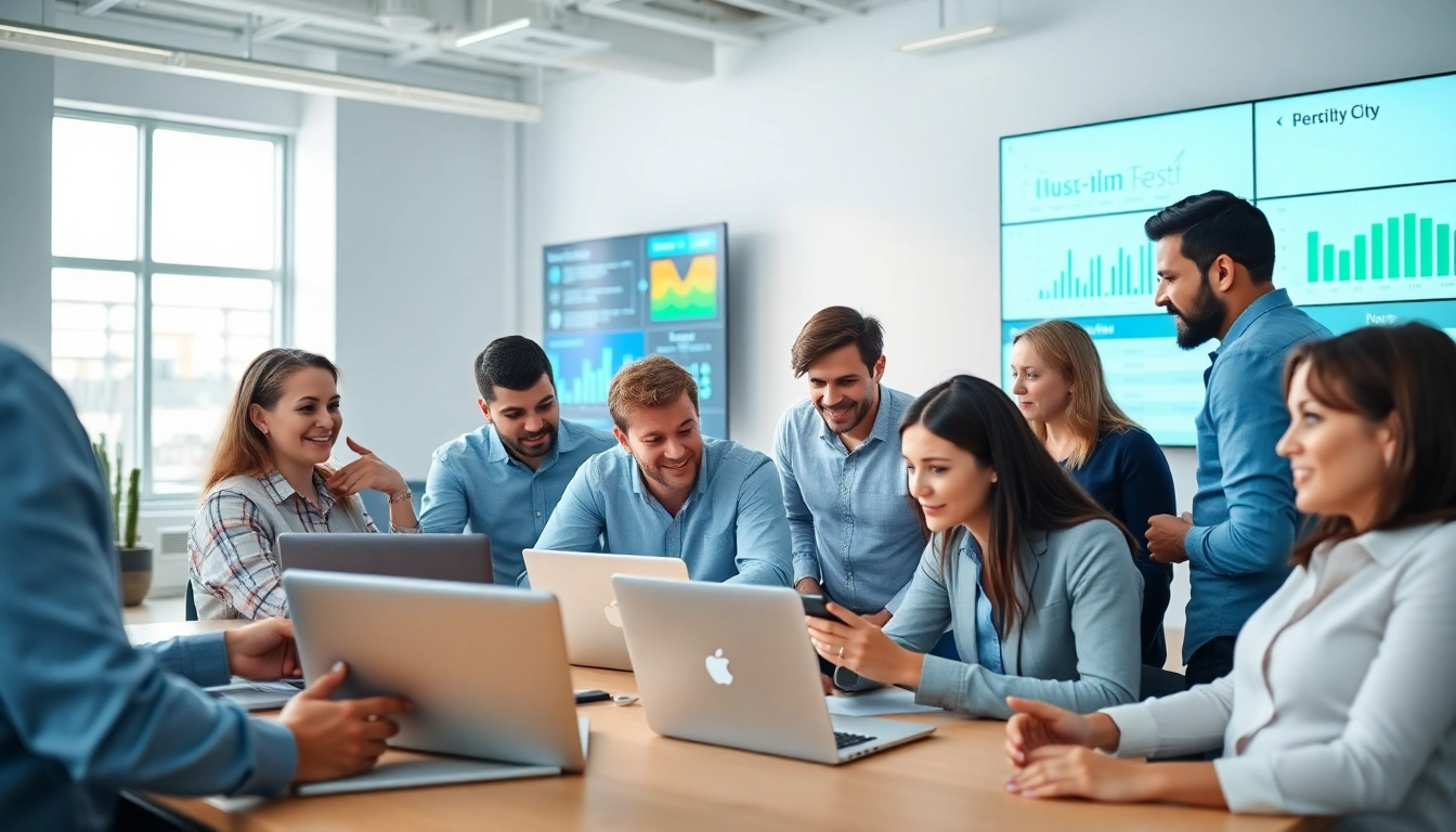 Engaged software testing company team collaborating in a modern office setting, showcasing innovation.