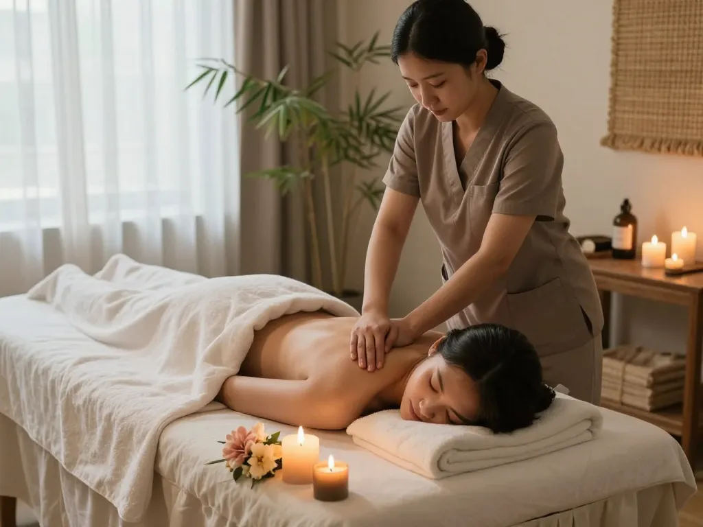 Professional therapist providing relaxing massage at www.maxim-anma.net home spa, surrounded by calming decor and soft lighting.