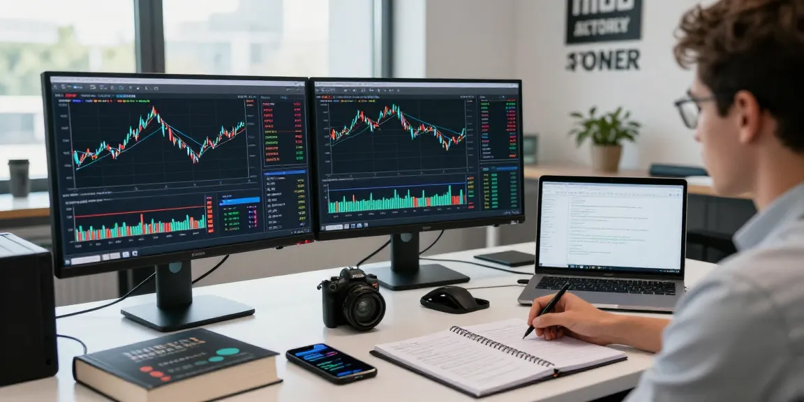 Trader analyzing mt4 forex charts in a modern workspace filled with financial tools.