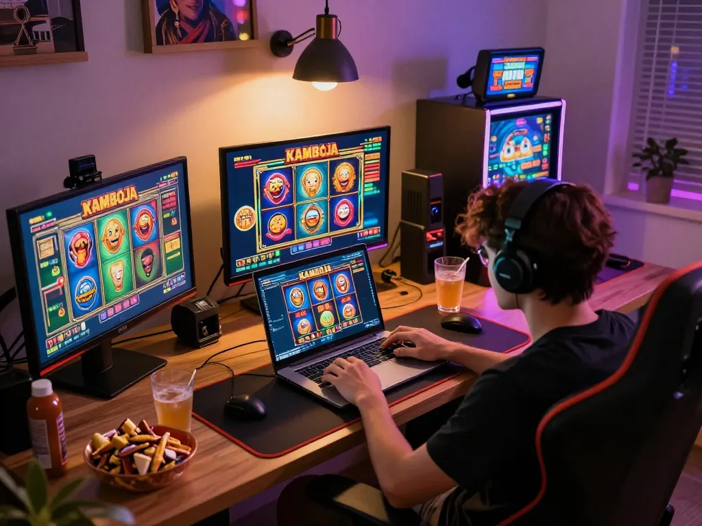 Engaging gameplay of slot kamboja featuring a player at a modern home office, emphasizing a comfortable gaming experience.