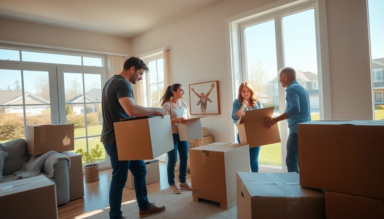 House removal companies assisting a family in a bright living room.