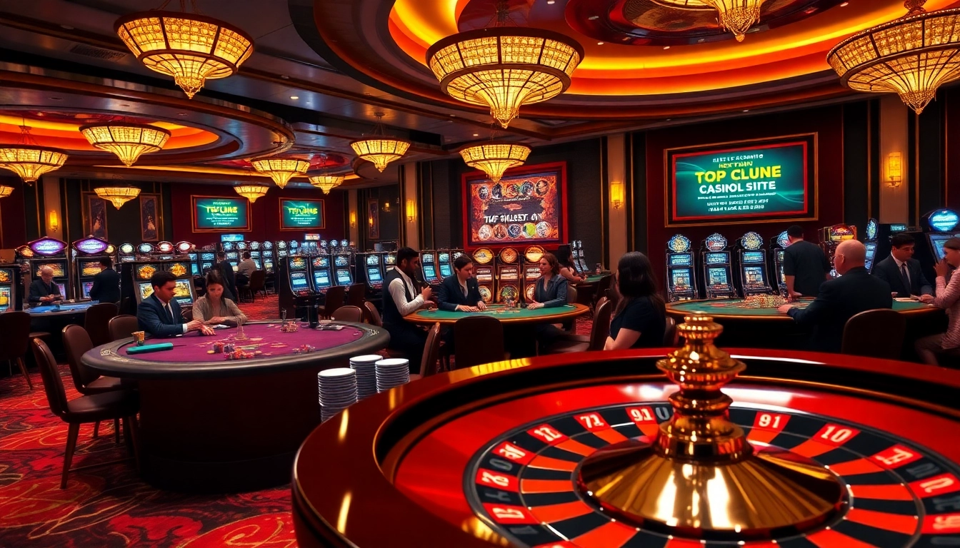 An exciting gaming scene at https://topclub.site/, showcasing players strategizing at a high-stakes poker table with vibrant casino elements.