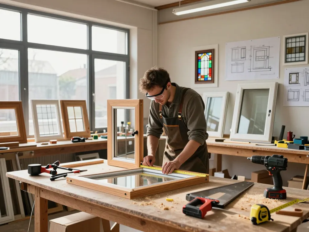 Handwerker arbeitet an einem Fensterbau-Rahmen in einer modernen Werkstatt.